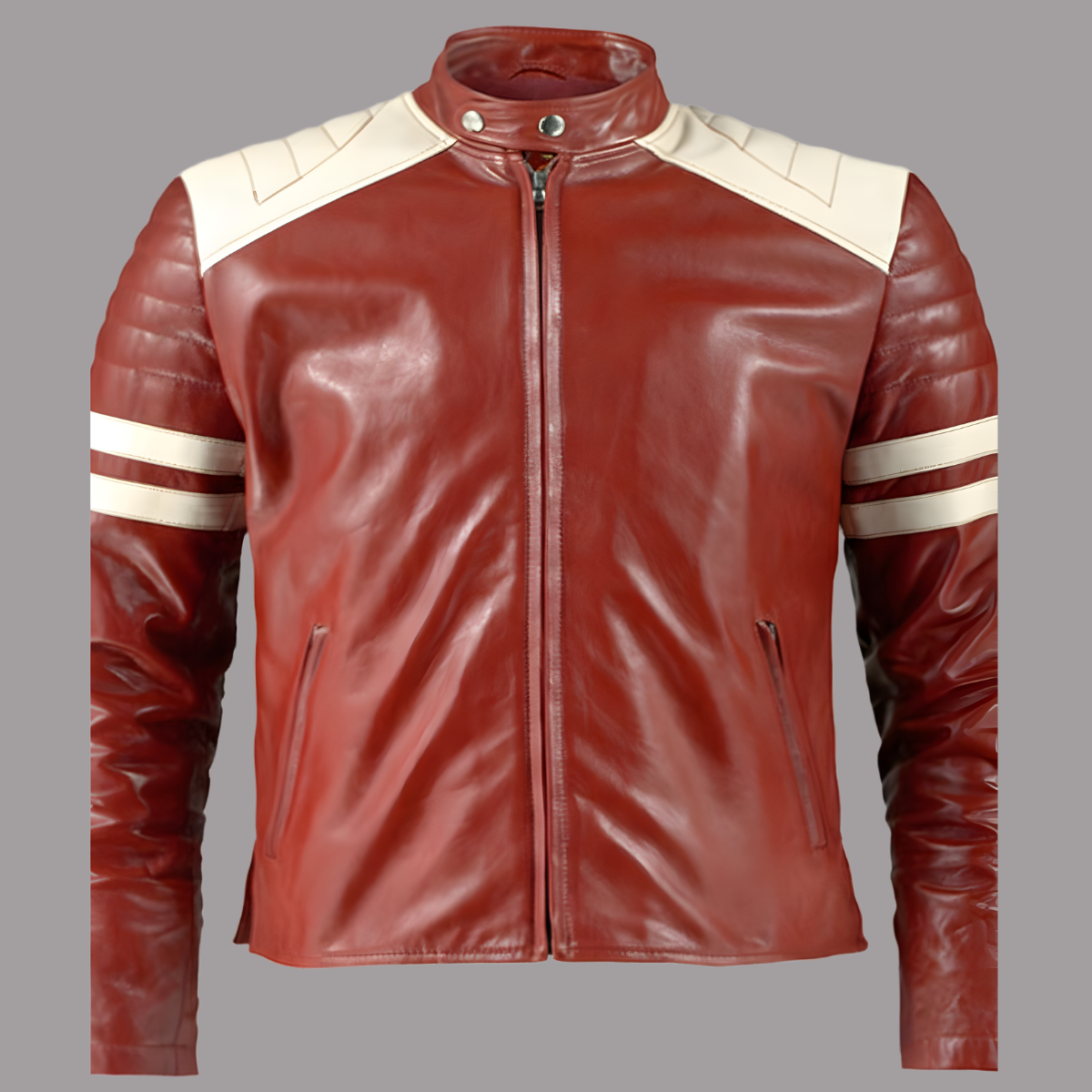 White Strips Red Motorcycle Leather Jacket