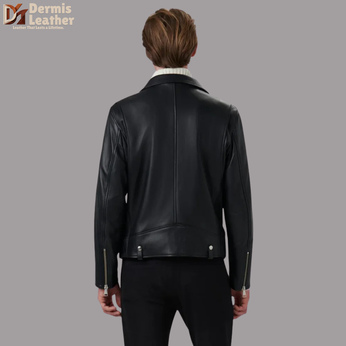 Charles Black Leather Biker Jacket With Snap Belt Loops
