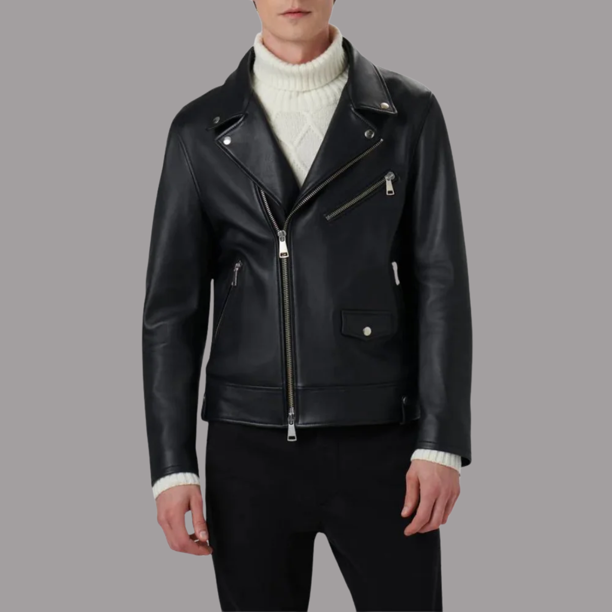 Charles Black Leather Biker Jacket With Snap Belt Loops
