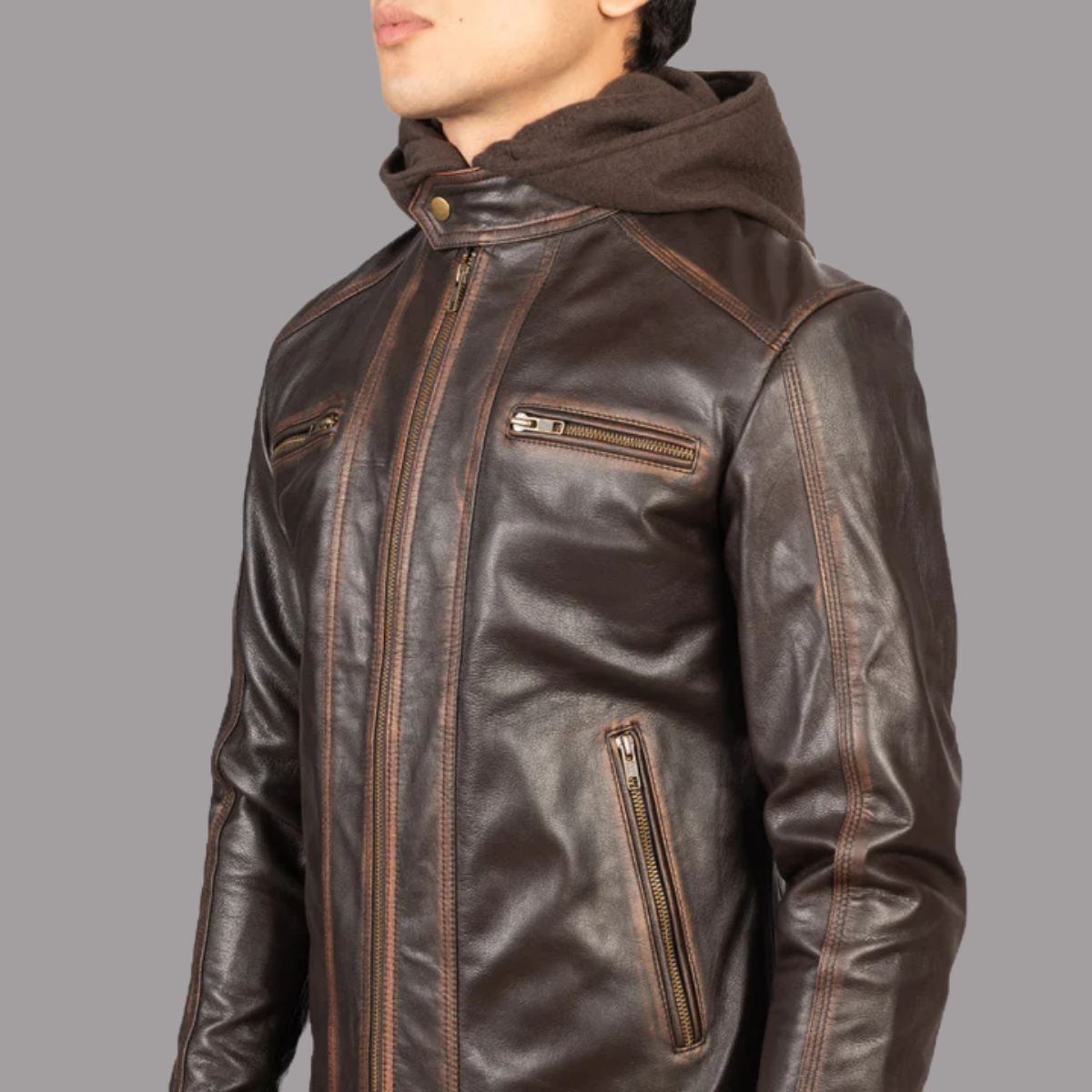 Hector Vintage Brown Hooded Leather Biker Jacket
