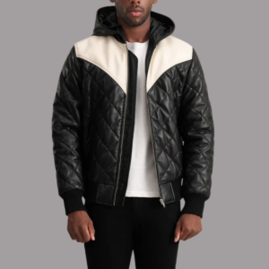 Norman Black Hooded Bomber Leather Puffer Jacket