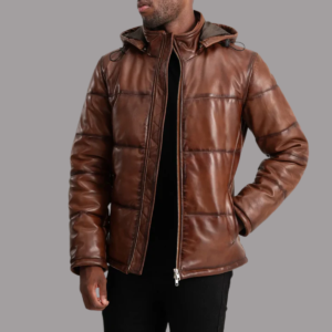 Gordon Waxed Brown Hooded Leather Puffer Jacket