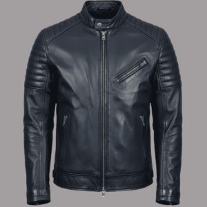 Navy Blue Quilted Shoulder Leather Jacket