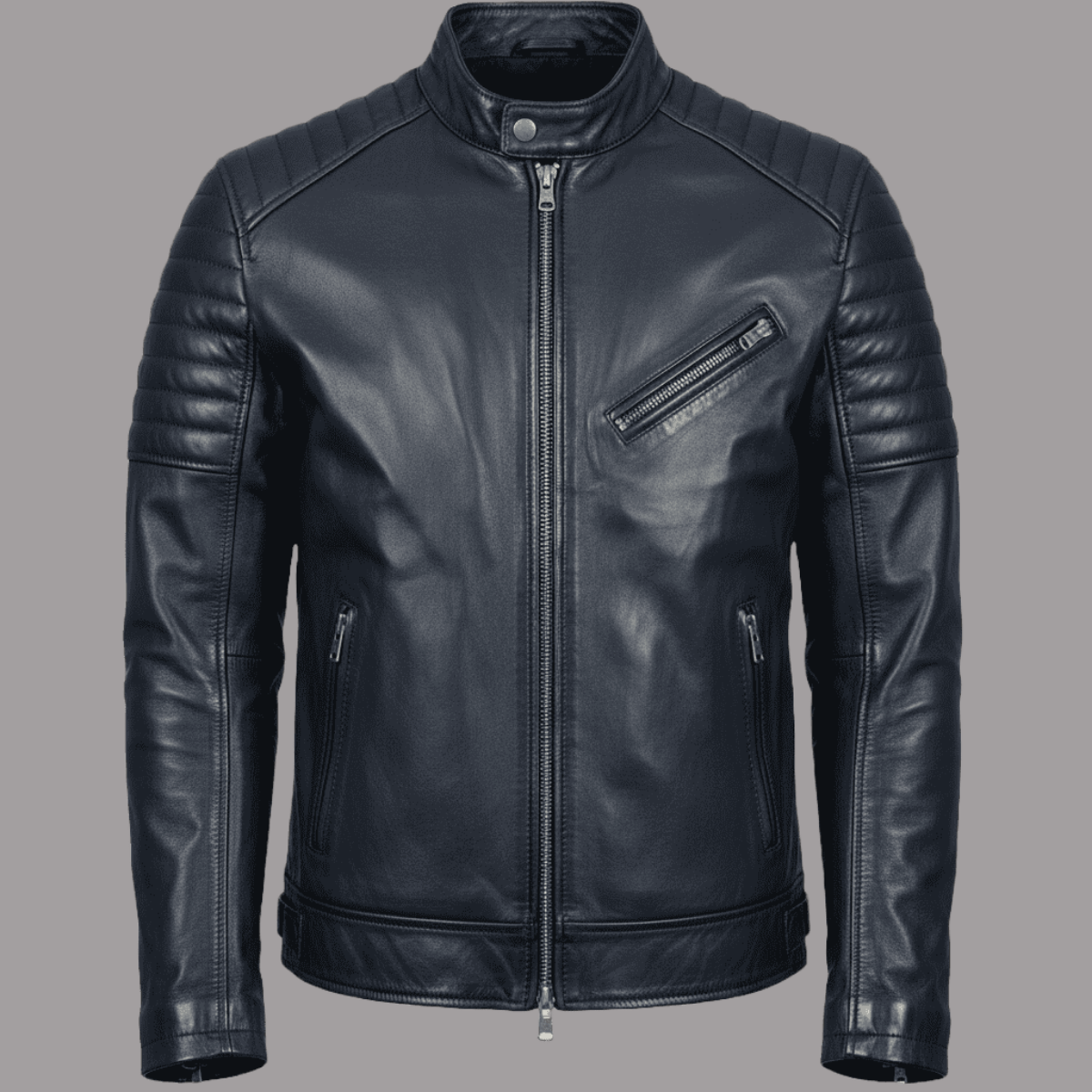 Navy Blue Quilted Shoulder Leather Jacket