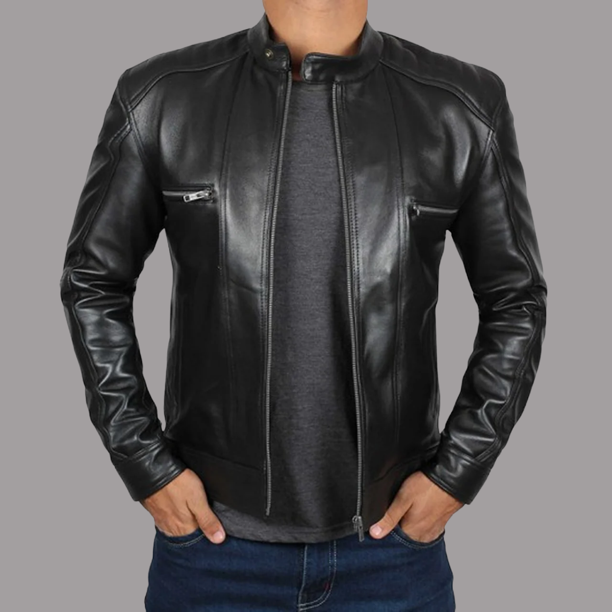 Black Leather Cafe Racer Jacket For Men