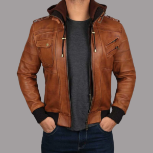 Brown Hooded Leather Jacket for Men
