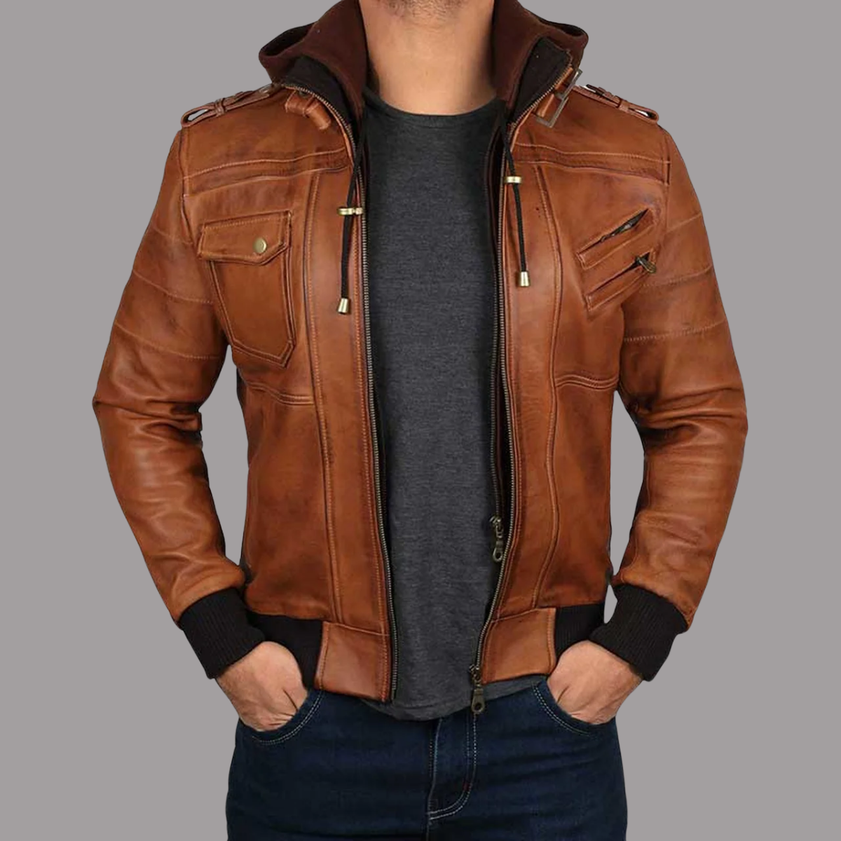 Brown Hooded Leather Jacket for Men