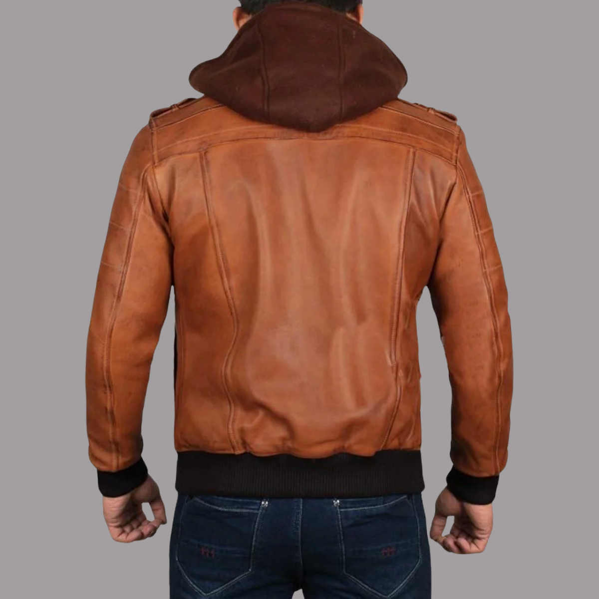 Brown Hooded Leather Jacket for Men