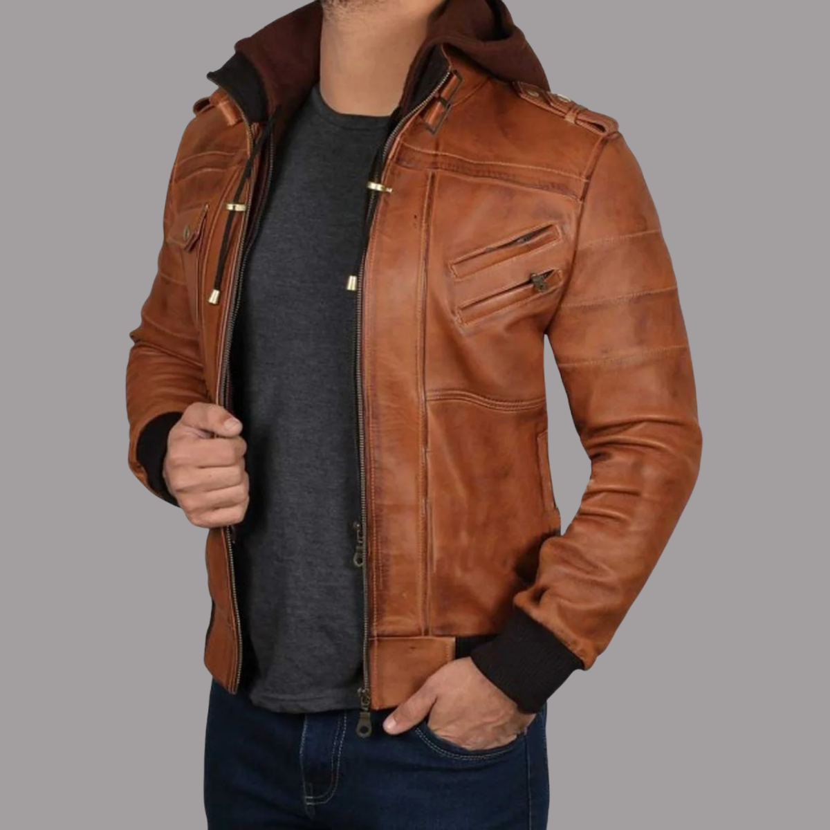 Gordon Waxed Brown Hooded Leather Puffer Jacket
