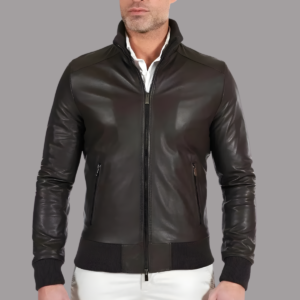Chocolate Brown Leather Bomber Jacket for Men