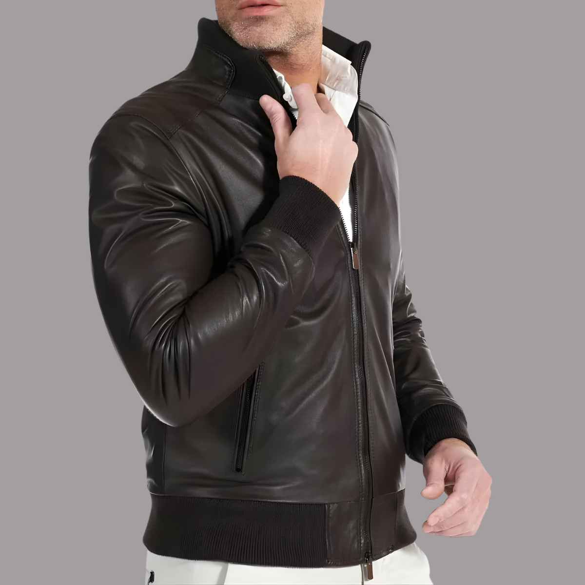 Chocolate Brown Leather Bomber Jacket for Men