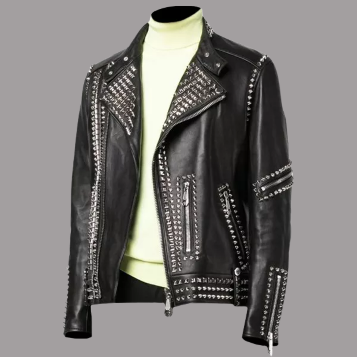 Mens Black Biker Studded Leather Jacket