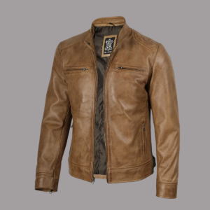 Dodge Men's Camel Leather Cafe Racer Jacket