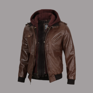 Men's Dark Brown Leather Bomber Jacket — Removable Hood