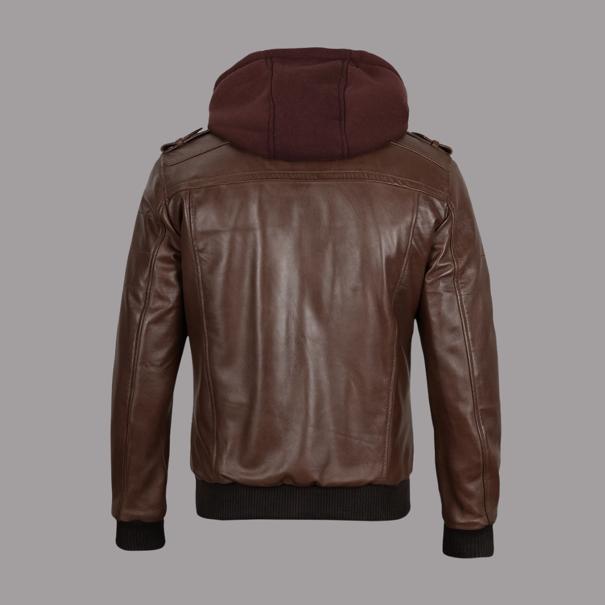 Men's Dark Brown Leather Bomber Jacket — Removable Hood