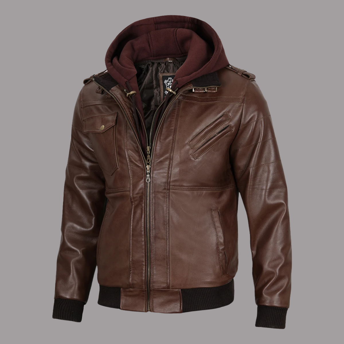 Men's Dark Brown Leather Bomber Jacket — Removable Hood