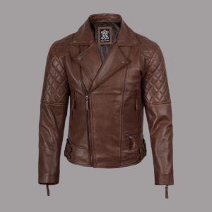Men's Quilted Asymmetrical Cognac Leather Biker Fashion Jacket