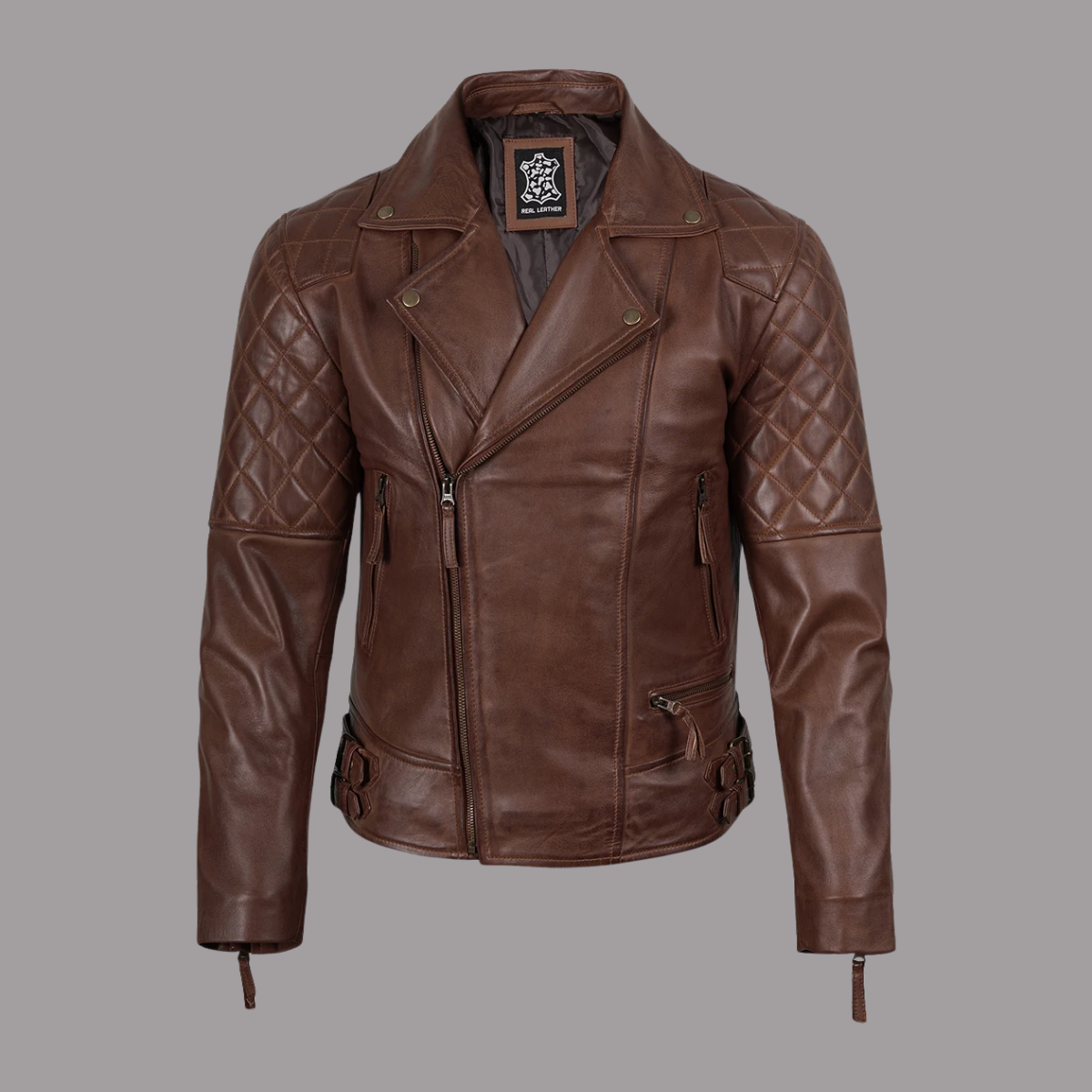 Men's Quilted Asymmetrical Cognac Leather Biker Fashion Jacket