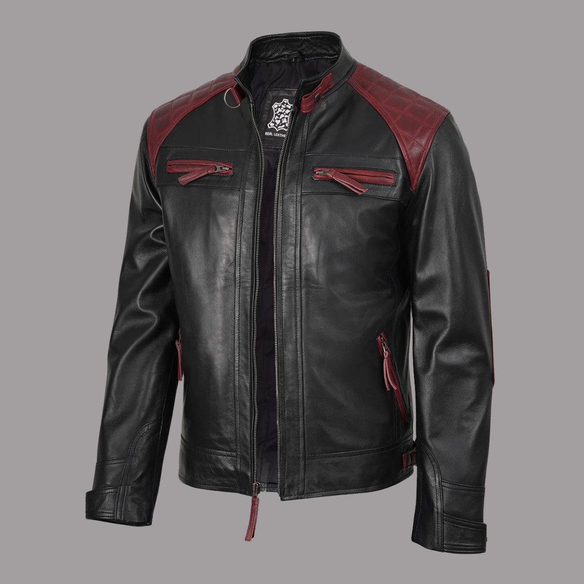 Men's Black and Burgundy Biker Fashion Leather Jacket